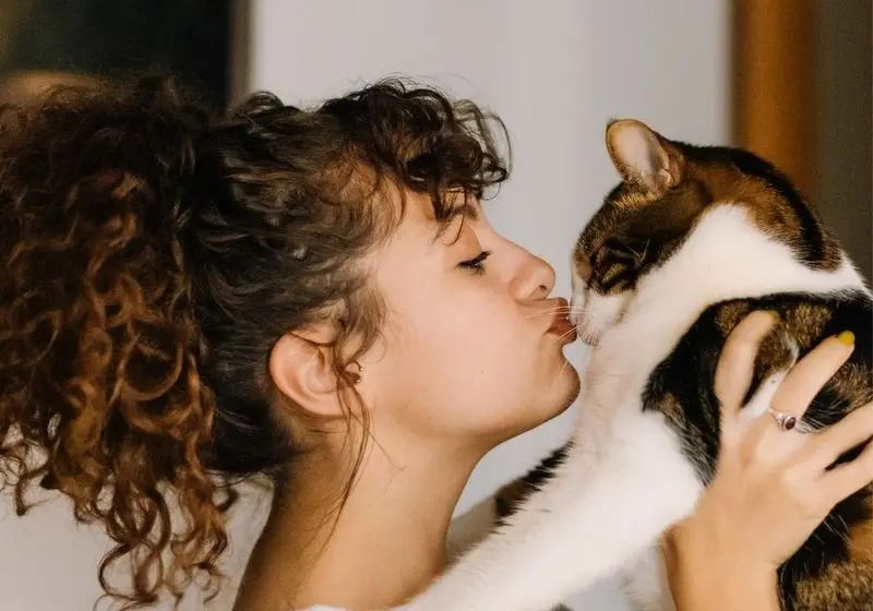 2 Mulher beijando o nariz de um gato branco com mescla marrom