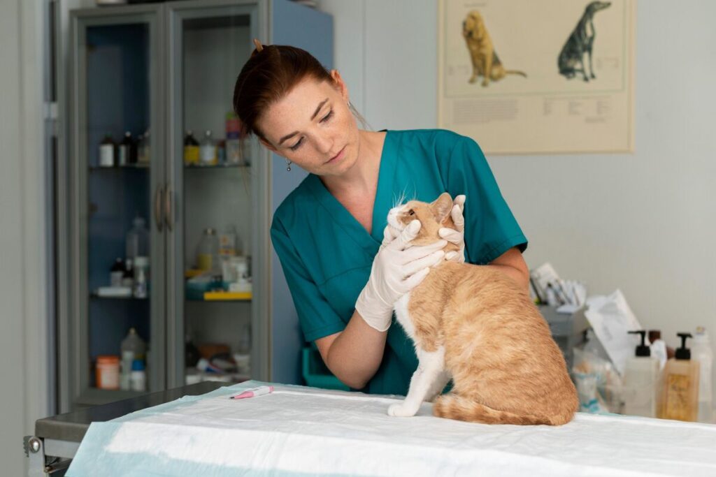 Veterinaria examinando um gatinho