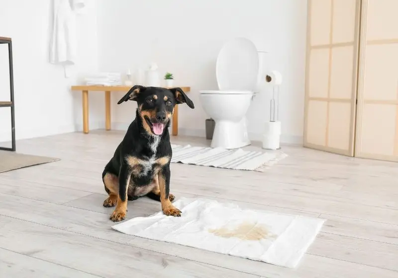 Design sem nome cachorro adulto preto sentado perto de um tapetinho de necessidades dentro do banheiro