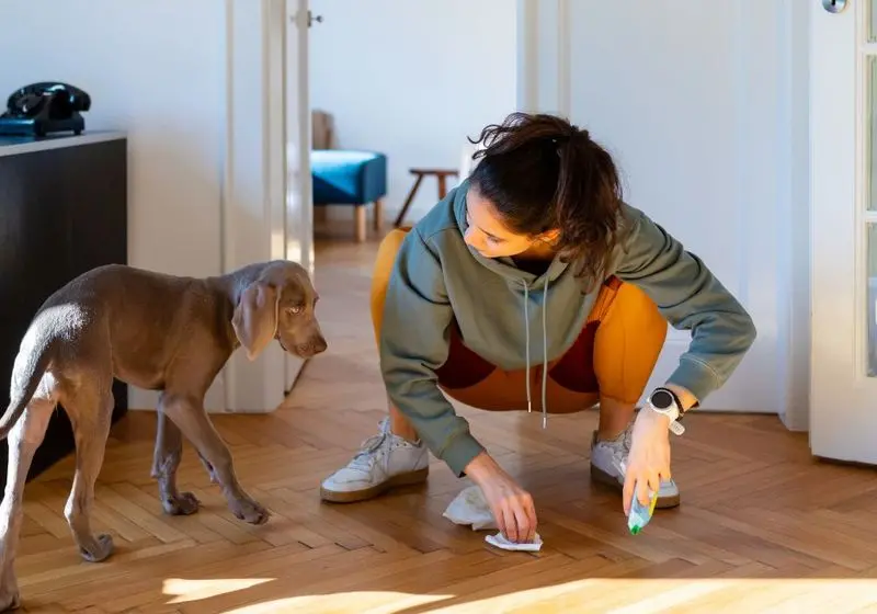 limpando cachorro cinza escuro adulto vendo sua dona limpando o chão