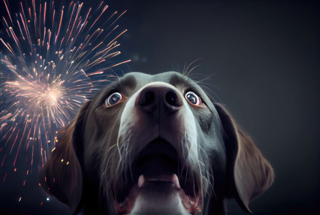 Cão assustado com fogos de artifícios