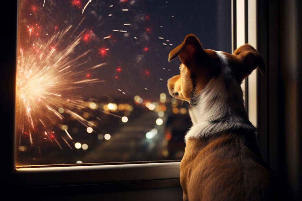 Cachorro observando os fogos pela janela